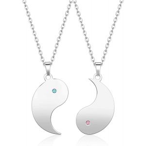 Kal-2pcs Colliers Couple Amiti&eacute; Yin Yang Tai Chi Puzzle S&eacute;parable Cadeau Amoureux Pendentif Personnalis&eacute; Grav&eacute; Acier Inoxydable Strass Avec Cha&icirc;nes Bijoux Femme Homme Noir Blanc - Neuf