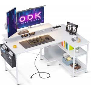 JEXNOVASHOP-Bureau d'angle R&eacute;versible, 120x80cm Bureau Gaming en L avec Port De Charge USB Et Prise De Courant, Table Ordinateur avec Support D'&eacute;cran pour Chambre Domicile Maison, Blanc - Neuf
