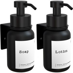 KAL-Lot De 2 Distributeurs De Savon En Verre Noir - 250 Ml - Distributeur De Savon Mural Sans Perçage - Distributeur De Savon Liquide À Coller - Pour Gel Douche, Savon Pour Les Mains, Shampoing, - Neuf