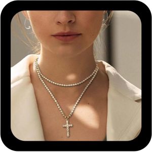 Superposition Cristal Croix Collier Ras Du Cou Cha&icirc;ne Or Cz Strass Collier Ras Du Cou Croix Pendentif Collier Foi Religieux Croix Charme Multicouche D&eacute;claration Colliers Bijoux Pour Femmes - Neuf