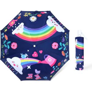 Tzf-Parapluie Pliant Enfant Anti-Uv, Parapluie Compact L&eacute;ger Automatique Anti-Rebond Avec Bande R&eacute;fl&eacute;chissante, Mini Parapluie De Voyage Pour Bebe, Filles, Gar&ccedil;ons, Fleur Arc-En-Ciel - Neuf