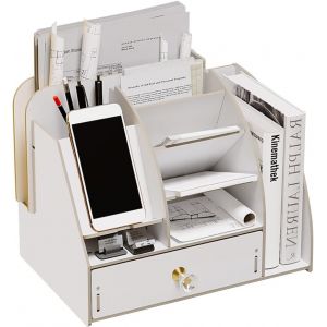 Organiseur de bureau en bois avec station d'accueil pour téléphone,organiseur de bureau avec tiroir et bibliothèque,porte-crayons,boîte de rangement pour accessoires de bureau (B20-1,.[T24] - Neuf