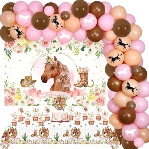 Sjzg-Kit D&eacute;corations F&ecirc;te D'anniversaire Cheval Filles &iquest; Toile Fond Sur Le Th&egrave;me Des Chevaux, Nappe, D&eacute;corations G&acirc;teaux, D&eacute;corations Cupcakes, Cowgirl Occidentale, Guirlande Rose - Neuf