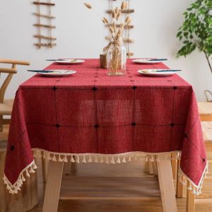 Nappe Carr&eacute;e En Coton Et Lin Avec Pompons, Moderne Et Lavable, Id&eacute;ale Pour La D&eacute;coration De La Table De Cuisine (Marron Tendance, Carr&eacute;e, 140 X 140 Cm, 4 Couverts) - Neuf