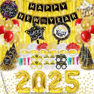 LETNERNY-Decoration Nouvel An 2025, 49 Pcs Deco Fete Nouvelle Année, Ballons 2025 Géants(32 Pouces), Happy New Year Bannière, Rideaux Métallique De Frange, Accessoires Photobooth, Ballons - Neuf