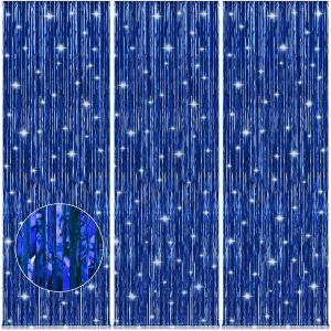TRAHOO-M&eacute;tallique Rideaux De Franges,3Pi&egrave;ces 1x2.5M M&eacute;tal Rideau de Fond,Brillant Rideau Frange Bleu pour Anniversaire D&eacute;coration,Baby Shower Decoration Tinsel M&eacute;tal Rideau pour F&ecirc;tes. - Neuf
