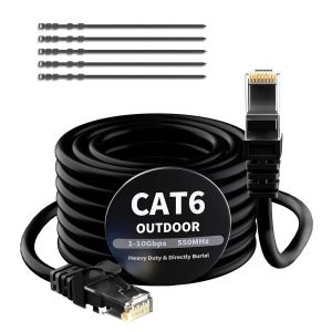 KAL-7.5 Mètres Câble Ethernet Extérieur Cat6 Noir,Câble Réseau Internet,Gigabit,Robuste,Étanche,Pose Directe,Pour Caméra Poe,Câble De Raccordement,Lan Long Cat 6/5E/5 Rj45+25 Attaches De Câble - Neuf