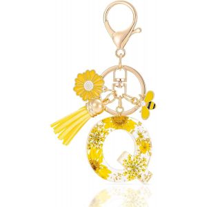 KAL-Letter Keychains Initiale Lettre Porte Clef Lettre,Alphabet Initial Keyring Avec Pampille Pendentif,Jaune Pétales Feuille D'Or Key Ring Pour Femmes Filles Portefeuilles Sac À Main Charme - Neuf