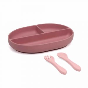 Set Couverts Et Plateau Blw En Silicone Rose Pour Bebe Kiokids - Neuf