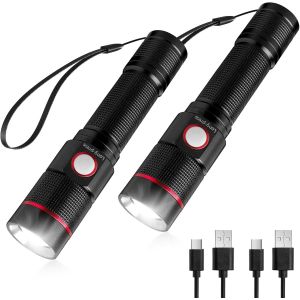 2 Pack Rechargeable Flashlight Usb A-C Zoomable 5 Lighting Modes Ipx4 Waterproof Aluminum Tactical Torch For Household Camping Hiking Emergency - Neuf