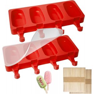 Kal-Lot De 2 Moules A Glace Silicone, Antiadhésifs Moule Pop Cake Avec Couvercle Silicone, 100 Batonnet En Bois Et 50 Sacs De Glace, Sans Bpa, Rouge - Neuf