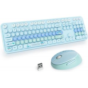 Ensemble Clavier et Souris sans Fil,Clavier de Machine à écrire,2.4GHz Clavier de Machine à écrire à Touches Rondes avec Pavé Numérique,Clavier de 104 Touches(Américain QWERTY)(Bear Pink) - Neuf