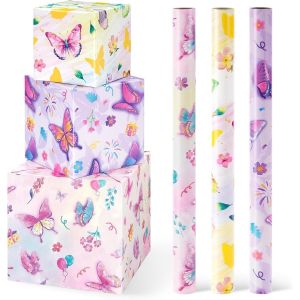 Trahoo-Rouleaux De Papier Cadeau Papillon -3 Rouleaux Courts Papier Cadeau D'anniversaire Papillon Violet Pour Enfants Filles Fournitures D'emballage F&ecirc;te D'anniversaire Avec Lignes D&eacute;coupe 43cm X3m - Neuf