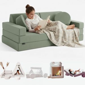 SUBZONAL-Canap&eacute; Enfant Convertible - Chauffeuse 2 Places Transformable en Lit d'Appoint, Aire de Jeu, Fauteuil, Matelas de Sol - Id&eacute;al Cadeau Enfants - Possibilit&eacute;s de Jeux Infinies (Bleu-Vert, 2 Pla - Neuf