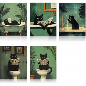 KALANKA-5 Pi&egrave;Ces Toile Dr&ocirc;Le De Chat Noir - Affiche Toilette - Tableaux, Posters Et Arts D&eacute;Coratifs, Tableaux De D&eacute;Coration Murale Pour Salon, Chambre &agrave; Coucher, Chambre D'Enfant Et Salle De Bain - Neuf