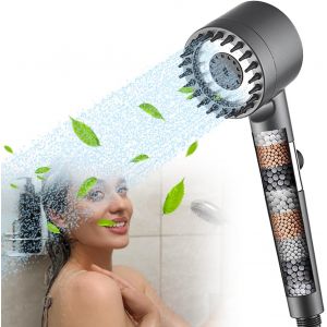 Pommeau de Douche Haute Pression,Pommeau de Douche à Main,Pommeau de Douche avec Filtre,Douchette Douche Salle de Bain,3 Modes,Économie D'eau,avec Bouche en Silicone(Gris) - Neuf