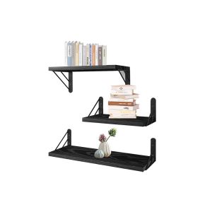 Ensemble de 3 &eacute;tag&egrave;res murales flottantes en bois pour le rangement et la pr&eacute;sentation - Noir - Neuf