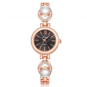 Lvpai Femmes Luxe Strass Fausse Perle Montre Quartz Analogique Montre-Bracelet (Or Rose + Noir) - Neuf