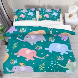Parure De Lit Avec Housse De Couette Et Taie D'oreiller, Motif Éléphant, Motif Dessin Anime, Decoration Pour Chambre De Garcon Ou De Fille - Neuf