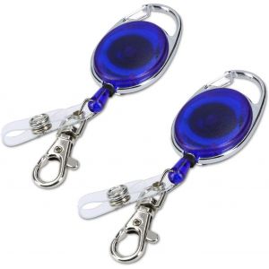 KAL-Lot 2X Porte-Clés Yoyo - Porte-Badge Enrouleur Rétractable - Clip Ceinture Mousqueton - Pour Ouvrier Infirmier Et Visiteur Salon - Bleu - Neuf