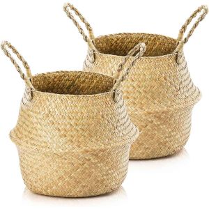 Jexnovashop-Lot De 2 Paniers De Rangement En Jonc De Mer, Ronds, Avec Poign&eacute;e, Tiss&eacute;s, Naturels, Paniers De Rangement Pour Couvertures, Plantes, Jouets, Taille S : 24 X 20 Cm - Neuf