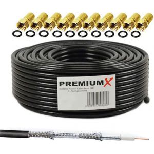 25m câble coaxial Sat câble d'antenne câble coaxial Noir 4 Voies blindé pour 135dB DVB-S/S2 DVB-C et DVB-T BK + 10x F-Plug de Haute qualité - Neuf