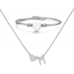 Kal-Collier Pendentif Lettre Initiale Personnalisée Femme Collier Initiale Coeur Bracelet Coeur Ouvert Ajustable Bracelet De Manchette En Acier Inoxydable A-Z Pendentif Collier Femmes Filles - Neuf