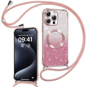 TRAHOO-Couqe Magn&eacute;tique pour iPhone 15 Pro Max Con Cordon, Compatible avec MagSafe, Brillant Glitter Paillet&eacute; Antichoc Durable R&eacute;sistante Etui Housse pour iPhone 15 Pro Max Soft TPU Bumper, Rose - Neuf