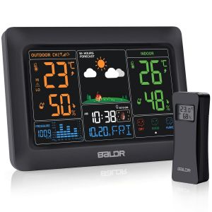 Station m&eacute;t&eacute;o radio avec capteur ext&eacute;rieur, &eacute;cran couleur num&eacute;rique DCF, thermom&egrave;tre int&eacute;rieur et ext&eacute;rieur, hygrom&egrave;tre, station m&eacute;t&eacute;o sans fil avec pr&eacute;visions m&eacute;t&eacute;orologiques, barom&egrave;tre et phase de - Neuf