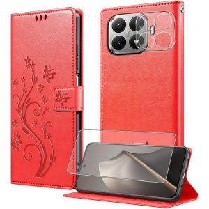 LORANKA-Coque pour Xiaomi 15T Pro avec 1 Verre Tremp&eacute;,1 Protection Camera,&Eacute;tuis Rabat [Housse en Cuir PU][Fentes pour Cartes][Pochette de Portefeuille][Stand Feature]- Rouge - Neuf