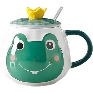 Eryi-Tasse Avec Grenouille, Tasse De Petit Déjeuner, Tasse De Lait, Tasse Mignonne, Joli Motif Frais Et Uni De Grenouille Avec Couvercle À Couronne, En Céramique, 400ml (Vert Foncé) - Neuf
