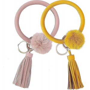 Porte-Clés En Cuir,Bracelet Porte-Clés Bracelet,Grand Porte-Clés Rond Bracelet Pompon,2 Pièces En Cri - Neuf