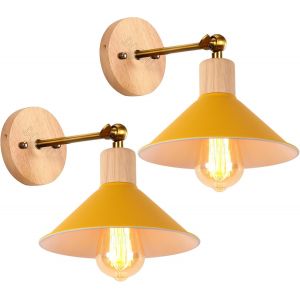 2 packs Appliques Murales Interieur Modernes Lampe Murale Industrielles en Métal Spots muraux Design Ajustable Luminaire E27 ø22cm pour Chambre Séjour Cuisine (Jaune-avec bois) - Neuf