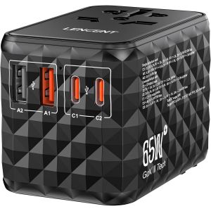 Adaptateur de Voyage Universel 65W avec 2 USB-A et 3 USB-C, Charge Rapide pour t&eacute;l&eacute;phone, Ordinateur Portable, Adaptateur de Prise de Voyage International pour UK, EU, AU, US, Noir - Neuf