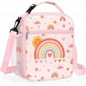 Sac Isotherme Repas Enfant Rose Arc-En-Ciel Soleil, Petit Sac Lunch Box Portable Mit Porte-Bouteille, Sac Dejeuner Fille Pour L'&Eacute;cole Mit Bandouliere - Neuf