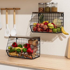 Jexnovashop-2 Pcs Panier Fruit Etage Mural Amovibles & Pliables 5 Crochets Panier A Fruit Mural Avec Couvercle En Bois Et Design Empilable Pour Gain De Place Id&eacute;al Pour Rangement De Cuisine, Fruits E - Neuf