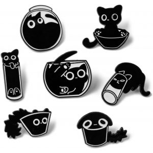 Kjdal-Lot De 7 Broches En Émail Chat Noir Pour Femmes Et Filles-Broche Mignonne En Émail Pour Vestes-Broche En Émail Chat Ludique - Neuf