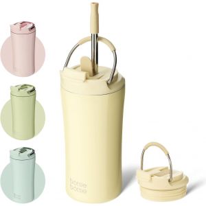 Gobelets À Café Isothermes Avec Couvercle À Double Usage Et Paille À Double Paroi Glacée Pour Homme Et Femme - Gobelet En Acier Inoxydable De 355 Ml Avec Poignée (Jaune) - Neuf