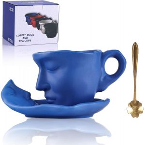 Ensemble Tasse &Agrave; Caf&eacute; Bleue Et Soucoupe-Tasse &Agrave; Caf&eacute; Unique En C&eacute;ramique De 250 Ml Avec Cuill&egrave;re,Tasse &Agrave; Caf&eacute; Visage Et Soucoupe Pour Saint-Valentin,Mariage,Anniversaire De Mariage (Bleu) - Neuf