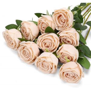 10pcs Roses de Soie Bouquet de Fleurs Rose Faux pour la d&eacute;coration de Mariage Maison Centre de Table f&ecirc;te Cuisine d&eacute;cor (Champagne Clair) - Neuf