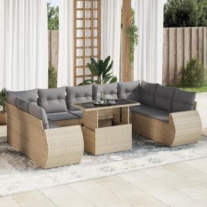 Salon De Jardin Avec Coussins 10 Pcs Beige Résine Tressée - Neuf