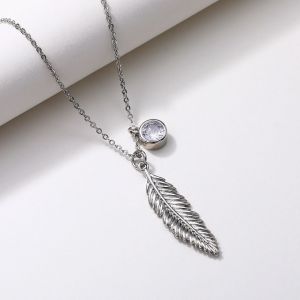 Collier Femme 2 Pièces Couleur Or Blanc Avec Pendentif Plume Et Cristal - Neuf