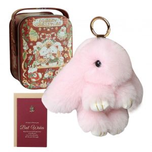 Porte-cles lapin en fourrure, adorable ensemble de pendentifs en peluche avec carte cadeau et mini boite en fer blanc - Neuf