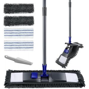 MDY-Balai Serpillère Rotatif à 360°, Balai Serpillere Plat avec Télescopique Manche et 4 Serpillère Tampons en Microfibre et Chenille Lavables, Vadrouille de Nettoyage de Sol Sec & Humide - Neuf