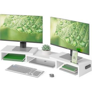 Support Moniteur Double,Rehausseur Écran PC de Bureau,Organisateur de Bureau en Bois,Longueur et Angle Réglables pour Moniteur Portable et Moniteur PC,Blanc - Neuf