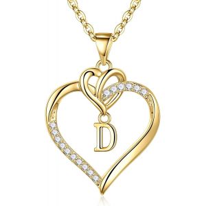 Coeur Collier Femme Or Argent, 14 Carats Plaqu&eacute; Or/Or Blanc Cha&icirc;ne Initiale Collier Femme Zircone Lettre Coeur Pendentif Collier Femme Cadeaux Femme Fille Amie M&egrave;re Bijoux Femme Fille Collier - Neuf