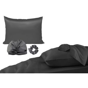 Ensemble Taie D'oreiller En Imitation Soie Avec Bonnet Et Chouchou - Gris Fonc&eacute; - Neuf