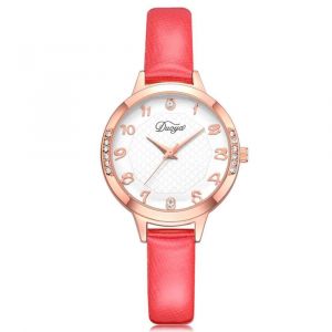 Duoya Femmes &Eacute;l&eacute;gant Cadran Rond Motif Analogique Pu Montre-Bracelet Cadeau Robe Montre &Agrave; Quartz (Rouge) - Neuf