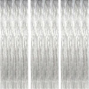 3 Pack Rideaux Métalliques Clinquant Feuille Frange Miroitement Rideau Porte Fenêtre Décoration Pour Anniversaire Fournitures De Fête De Mariage 3ft*8ft (92 * 245cm)-Argent - Neuf
