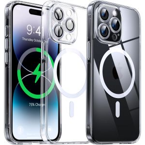 THEF-Coque Magnétique Transparente pour iPhone 14 Pro (6.1'') avec Objectif Film, [Compatible avec MagSafe] [Protection Antijaune & Antirayure & Antichoc] Etui Housse Dur avec Silicone Bord, Clair - Neuf